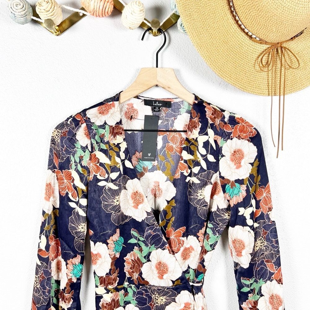 NWT Lulus Floral Wrap Dress Navy Satin Long Sleeve Mini Dress - Picture 3 of 8
